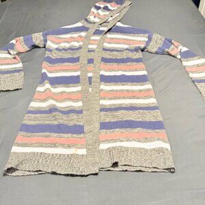 Evelyn Taylor Open Front Cardigan Womens Large Hooded Long Earthtone Stripe Sz M